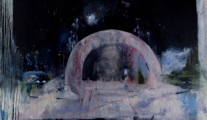 Abstract painting with archway and starry sky