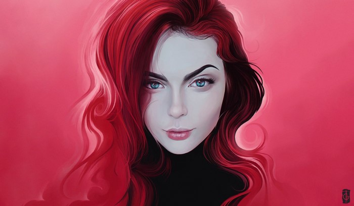 Artwork of a redhead woman with blue eyes