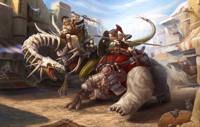 Fantasy warriors riding skeletal dragon and furry beast in a marketplace