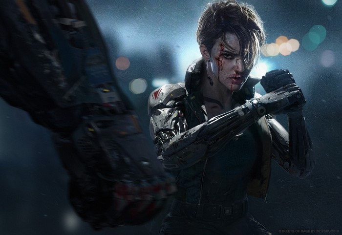 Cyberpunk woman with cyborg arm fighting
