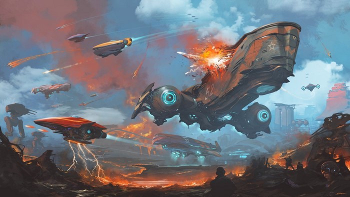 Science fiction battle with spaceships and explosions