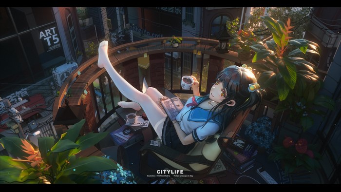 Anime girl in school uniform on a balcony with plants