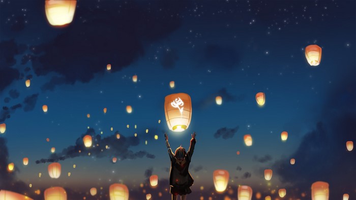 Anime girl releasing sky lanterns at night