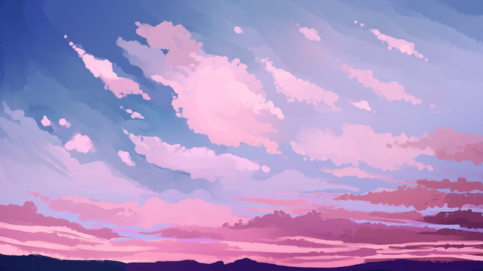 Pink and purple clouds in a blue sky over a dark landscape
