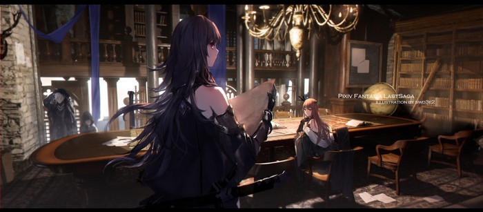 Anime girls in a library with books and a globe