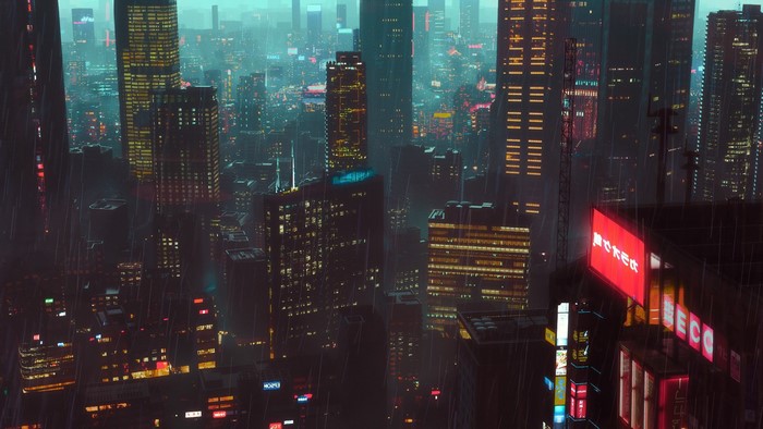 Rainy cyberpunk cityscape at night with neon signs
