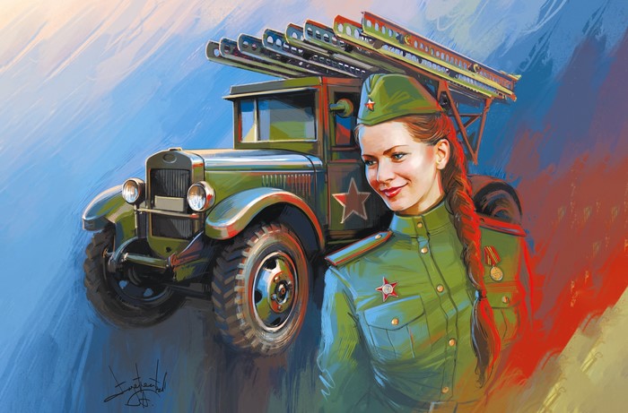 Soviet woman soldier with Katyusha rocket launcher truck