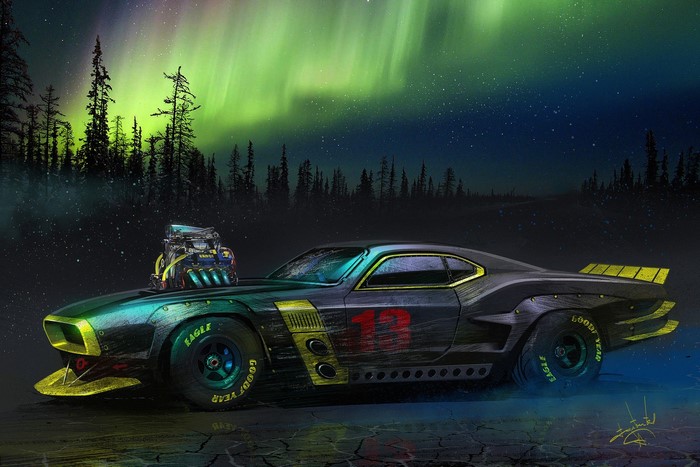 Modified Plymouth Barracuda with exposed engine under aurora borealis