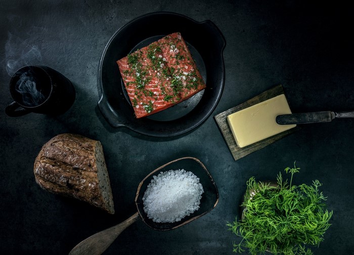 Salmon with Dill, Salt, Bread, Butter, and Dill