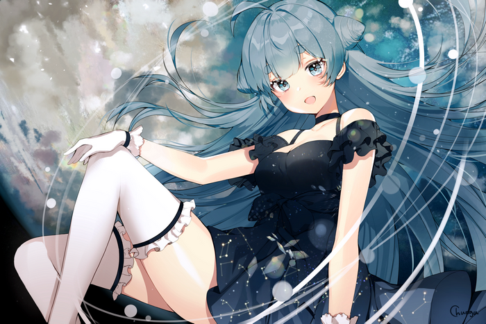 Anime girl with blue hair and constellation dress floating in space
