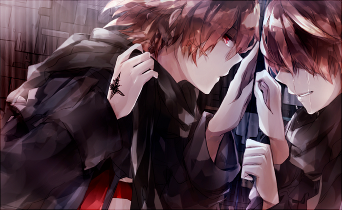 Two anime boys, one crying, with a star tattoo