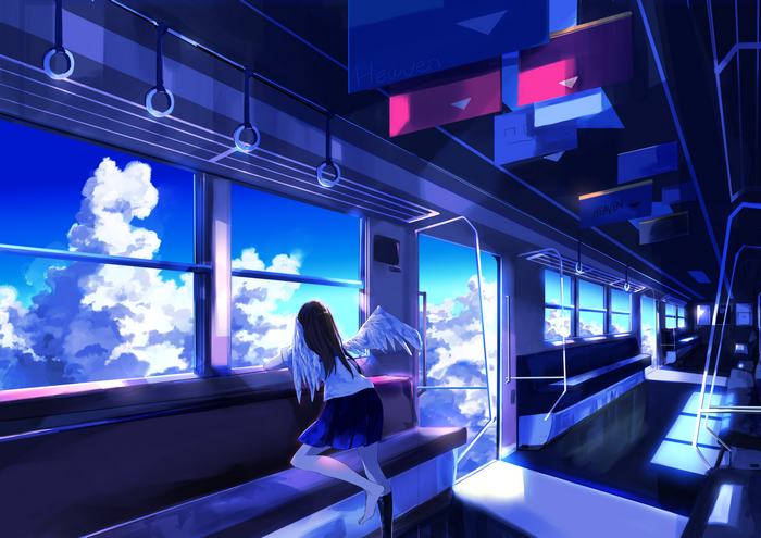 Anime girl with wings on a train to Heaven