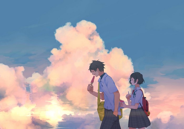 Anime couple eating ice cream in the clouds at sunrise