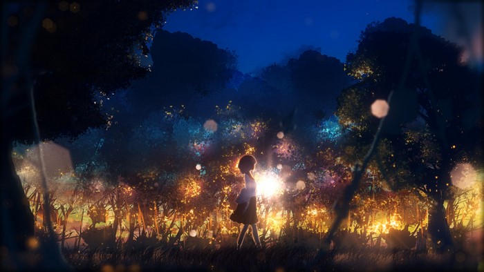 Anime girl walking in a magical forest at night