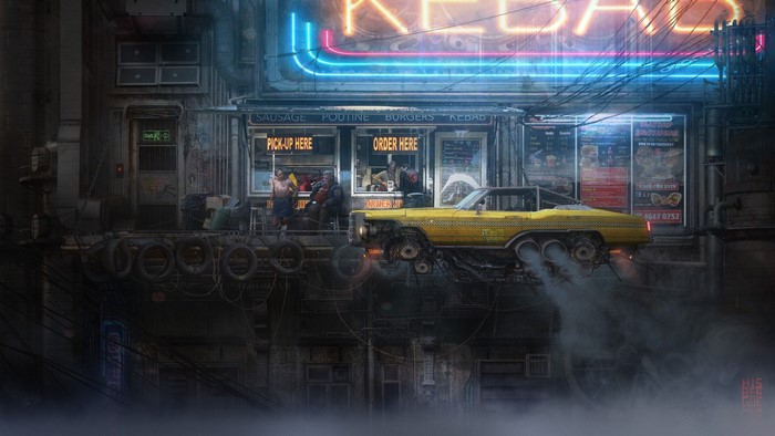 Futuristic Kebab shop with flying taxi