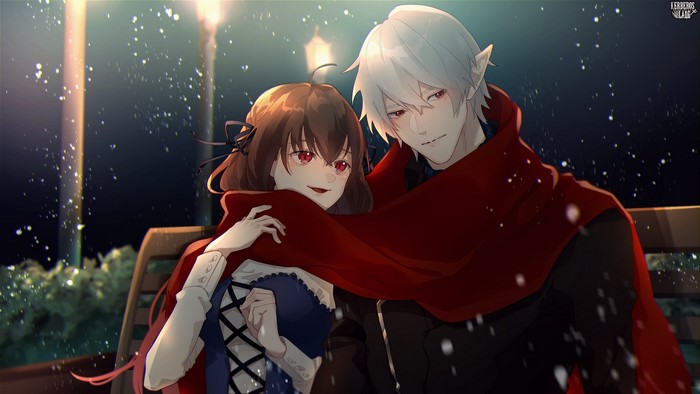 Anime couple sharing a scarf under street light