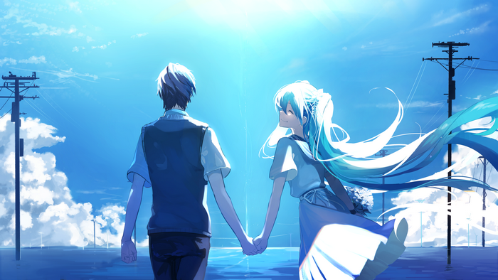 Couple holding hands under a bright blue sky