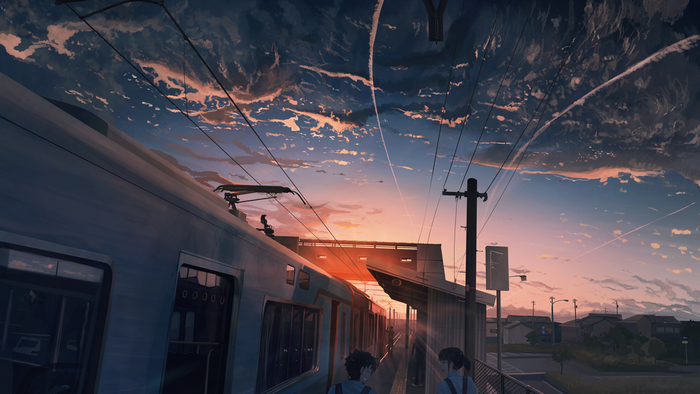 Anime train station at sunset with power lines