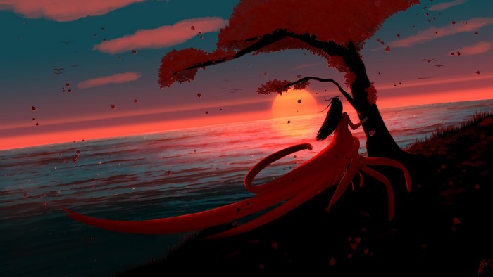 Woman in red dress under tree at sunset by the sea