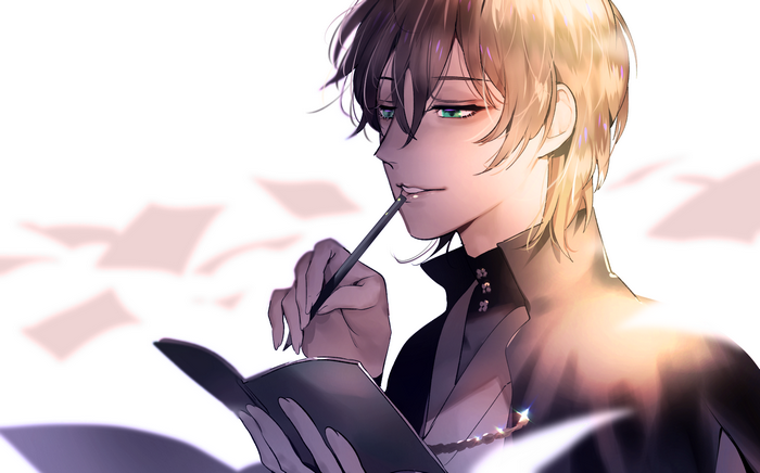 Anime boy with green eyes holding a pen and book