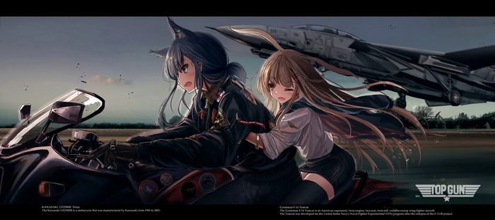 Anime Girls on Motorcycle with F-14 Tomcat