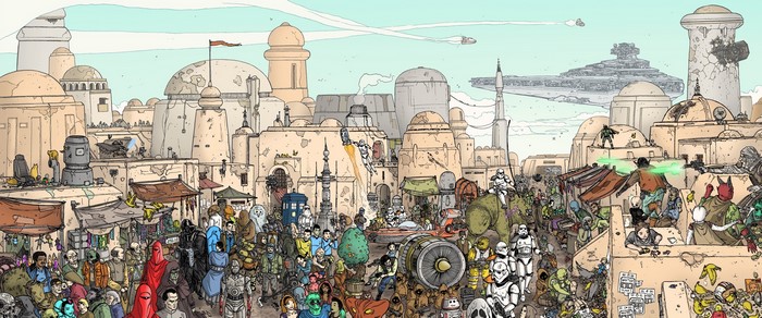 Star Wars Mos Eisley Cantina artwork with characters