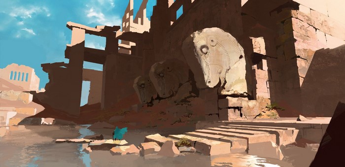 Ruins with horse statues and a blue creature by water