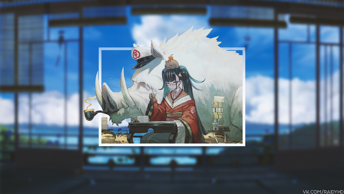 Anime girl with large white creature and pigs