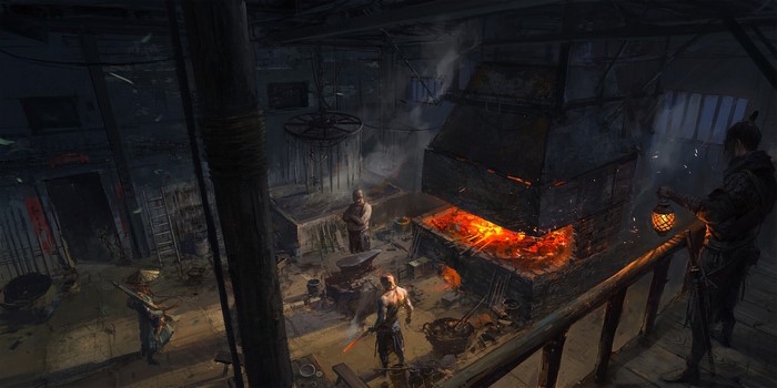 Blacksmiths working in a dimly lit forge at night