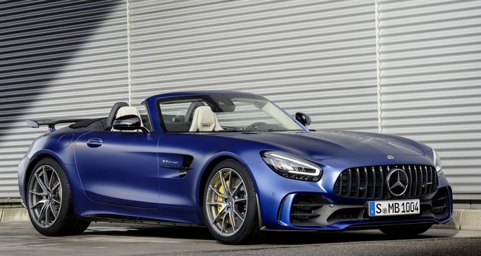 Blue Mercedes-Benz AMG GT-R Roadster with license plate S-MB 1004