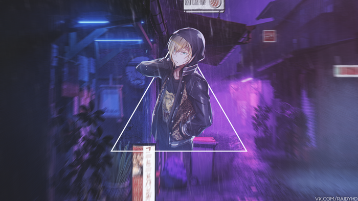 Anime boy in a rainy city