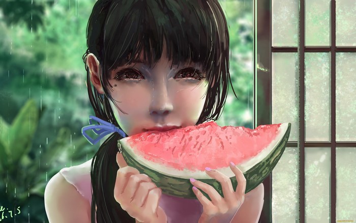 Anime girl eating watermelon in the rain