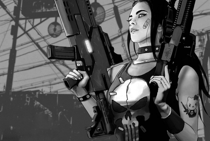 Woman with guns in cyberpunk setting