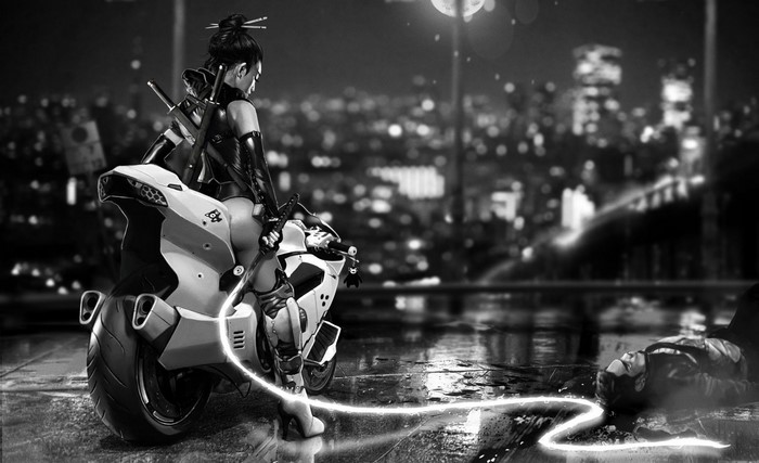 Cyberpunk Asian woman on motorcycle with swords