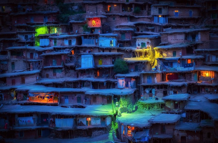Masuleh village in Iran at night with lights