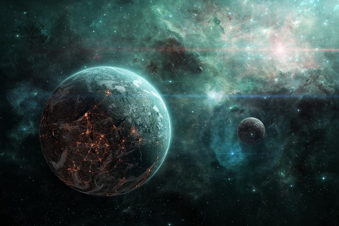 Digital art of planets in space with nebula