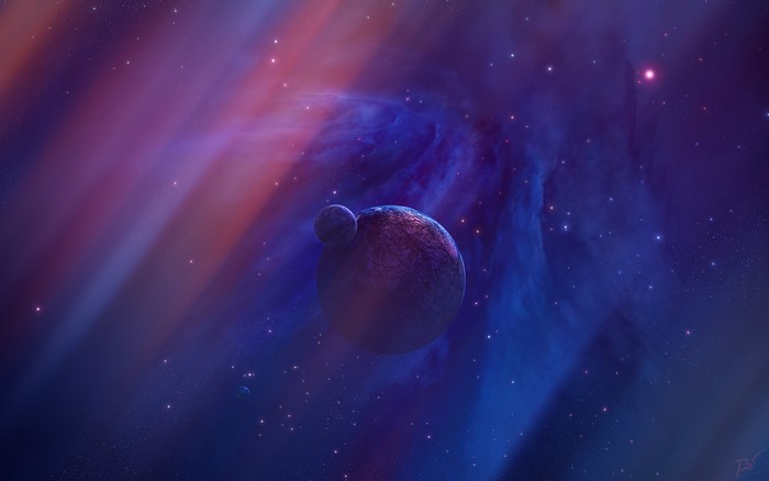 Digital art of planets in a nebula