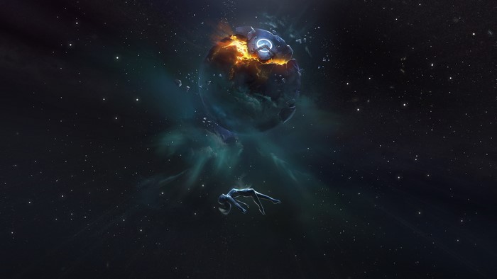 A person floats in space near a broken planet