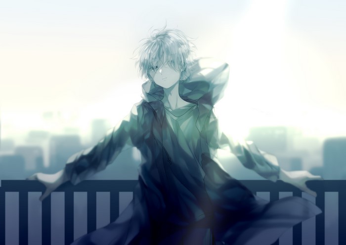 Anime boy in a hoodie on a fence overlooking a city