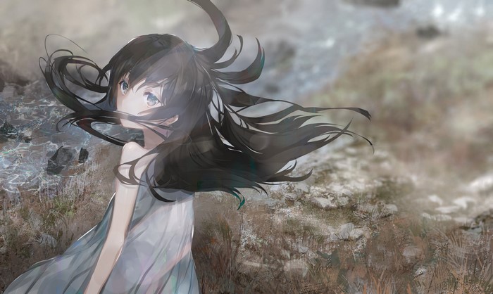 Anime girl with black hair and blue eyes in the wind