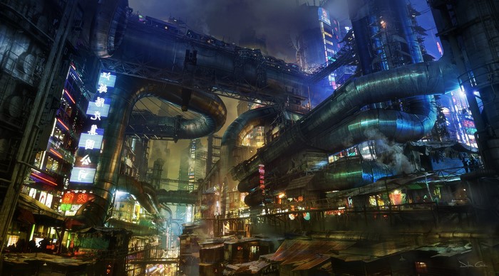 Cyberpunk city at night with neon lights and pipes
