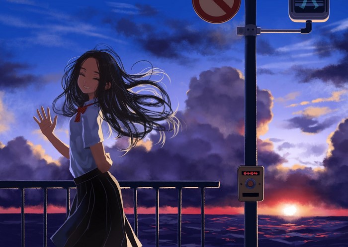 Anime girl in school uniform waving at sunset