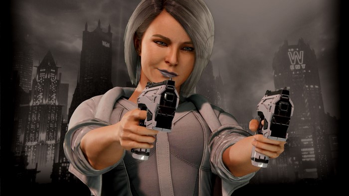 Silver Sable from Spider-Man holding two handguns