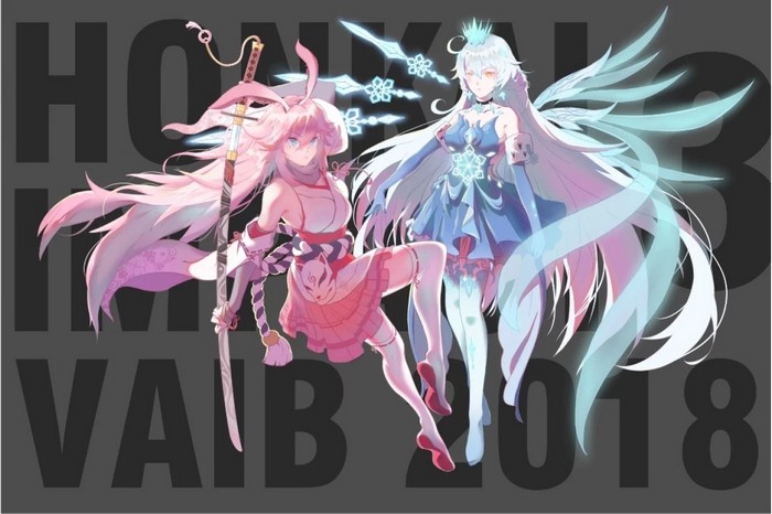 Two anime girls from Honkai Impact 3rd with swords