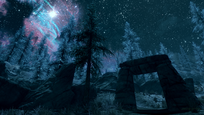 The Elder Scrolls V: Skyrim screenshot of a stone archway in a snowy forest under a nebula