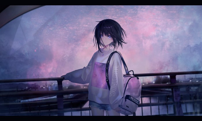 Anime girl with black hair and backpack