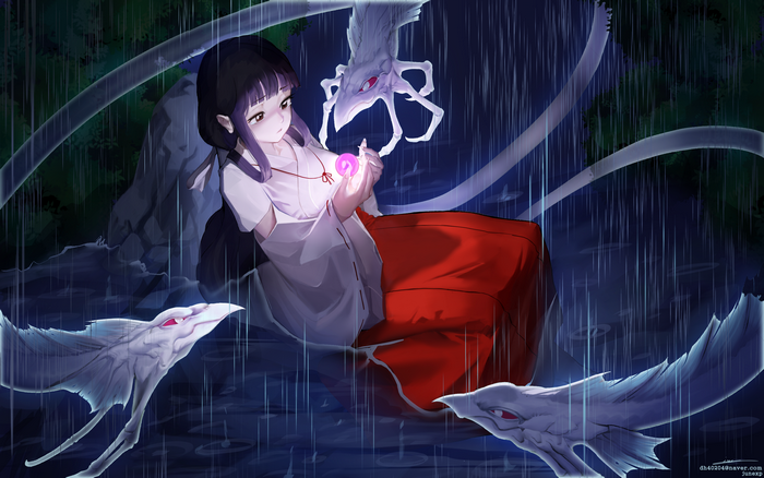 Kikyo from Inuyasha holding a magical orb in the rain