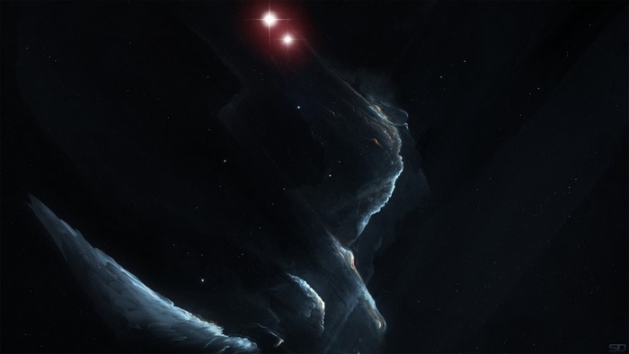 Digital art of a nebula with two stars