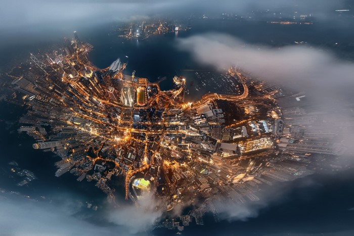 Aerial view of Hong Kong cityscape at night