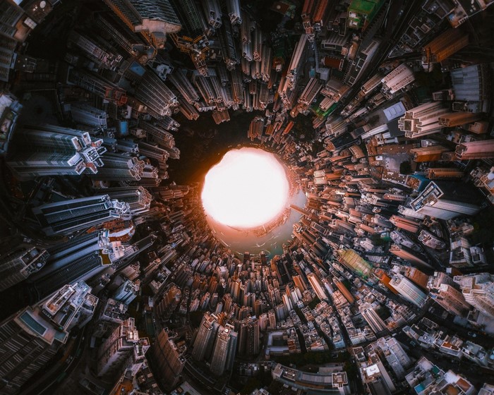 Aerial Fisheye View of Hong Kong Cityscape